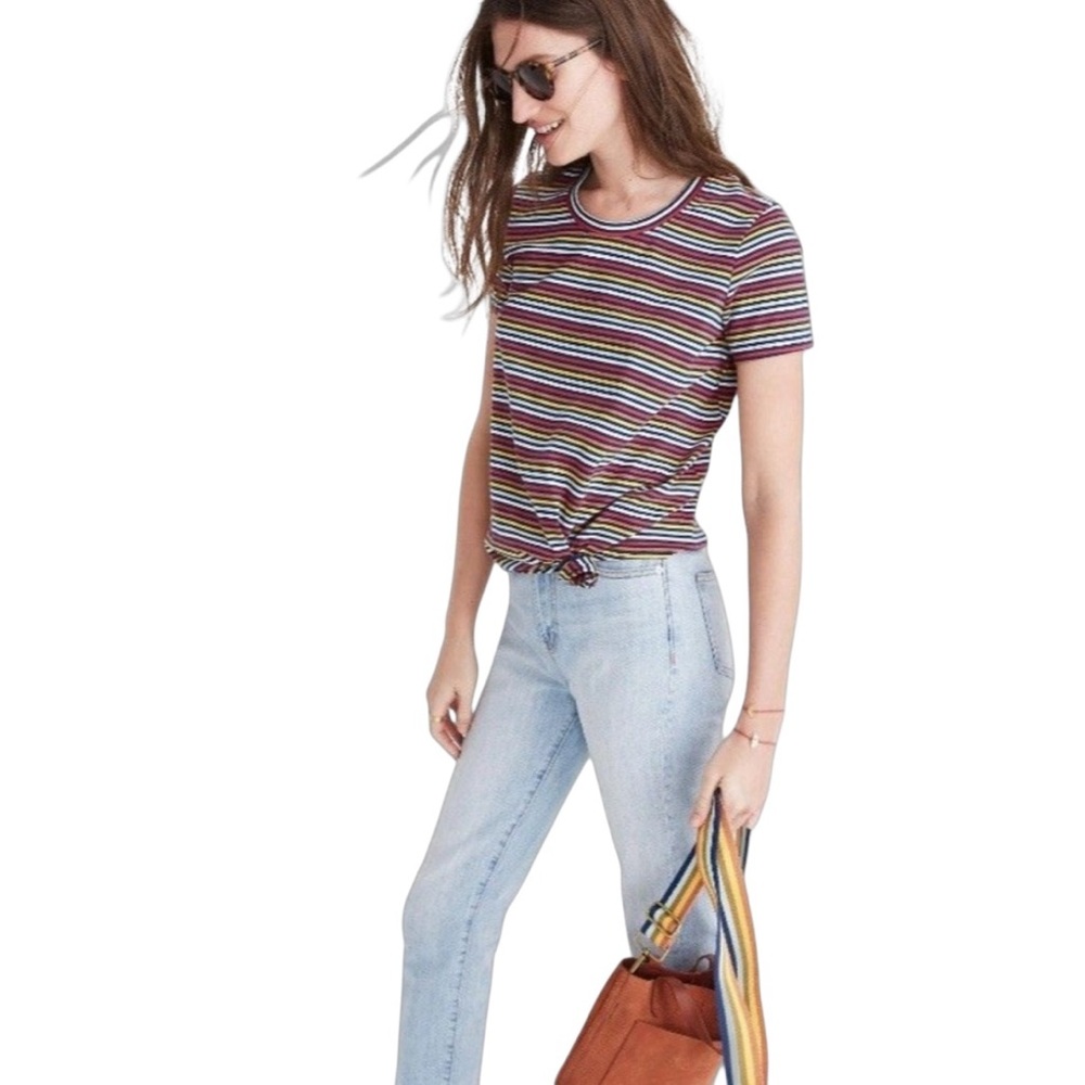 Madewell Women's Size Medium Multicolor Cotton Knot Front Tee In Rainbow Stripe